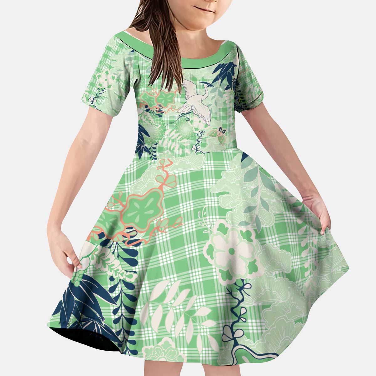 Green Palaka Crane and Flowers Kid Short Sleeve Dress Japan Heritage Spirit - Polynesian Pride