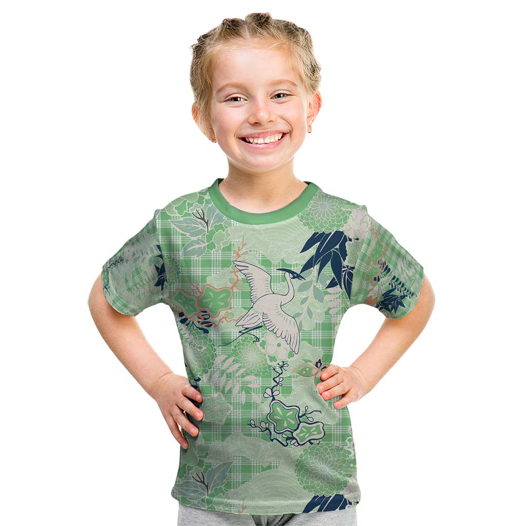 Green Palaka Crane and Flowers Kid T Shirt Japan Heritage Spirit - Polynesian Pride
