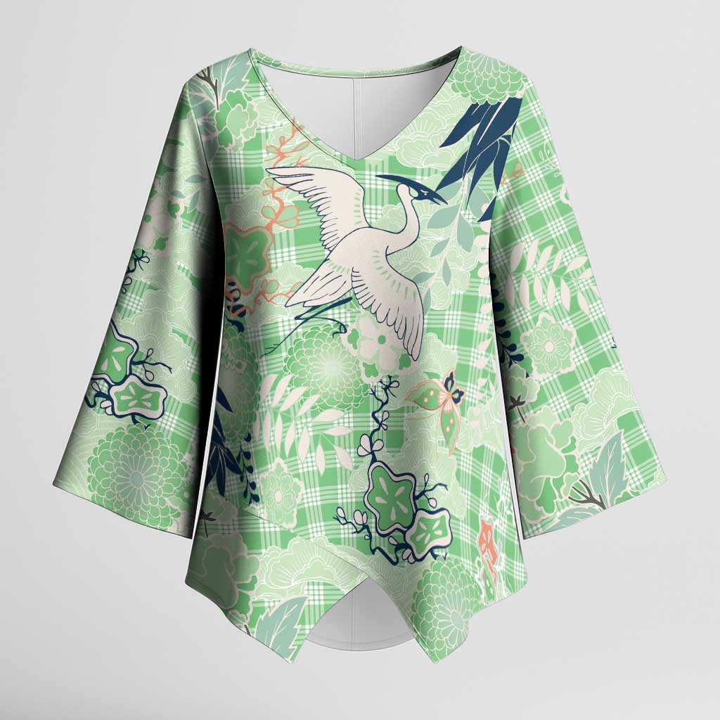 Green Palaka Crane and Flowers Kimono Sleeve Blouse Japan Heritage Spirit - Polynesian Pride