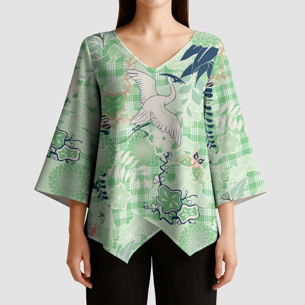 Green Palaka Crane and Flowers Kimono Sleeve Blouse Japan Heritage Spirit - Polynesian Pride