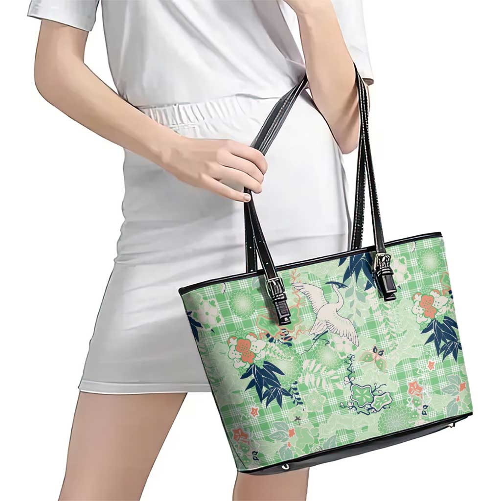 Green Palaka Crane and Flowers Leather Tote Bag Japan Heritage Spirit - Polynesian Pride
