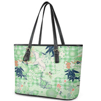 Green Palaka Crane and Flowers Leather Tote Bag Japan Heritage Spirit - Polynesian Pride