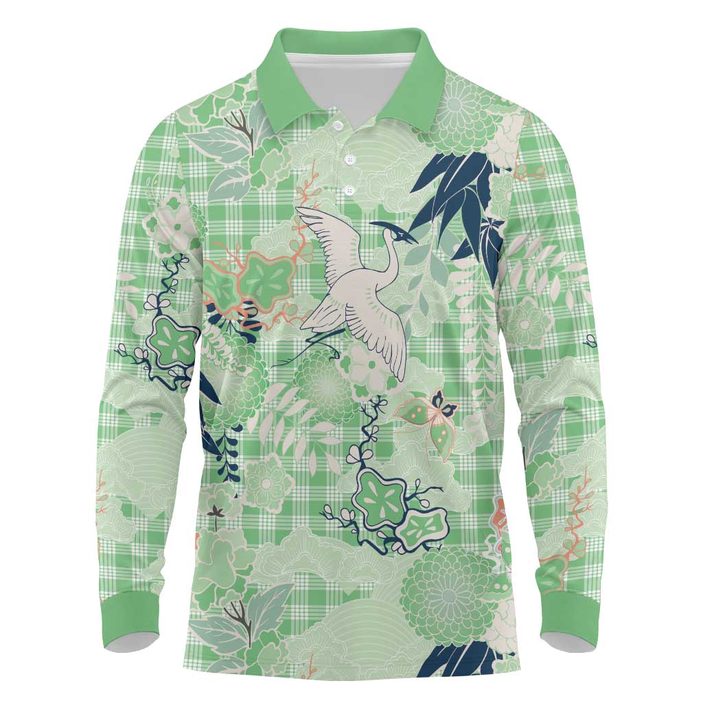 Green Palaka Crane and Flowers Long Sleeve Polo Shirt Japan Heritage Spirit - Polynesian Pride