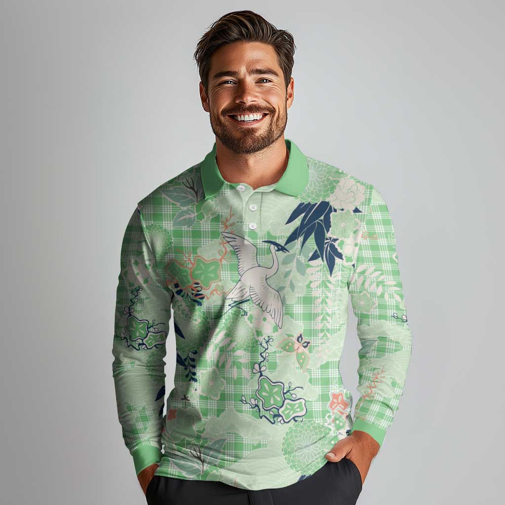 Green Palaka Crane and Flowers Long Sleeve Polo Shirt Japan Heritage Spirit - Polynesian Pride