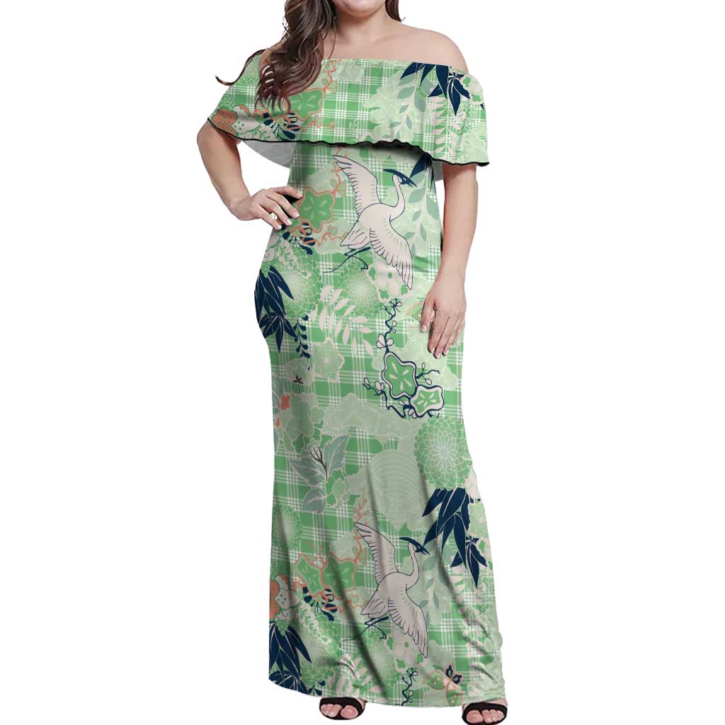 Green Palaka Crane and Flowers Off Shoulder Maxi Dress Japan Heritage Spirit - Polynesian Pride