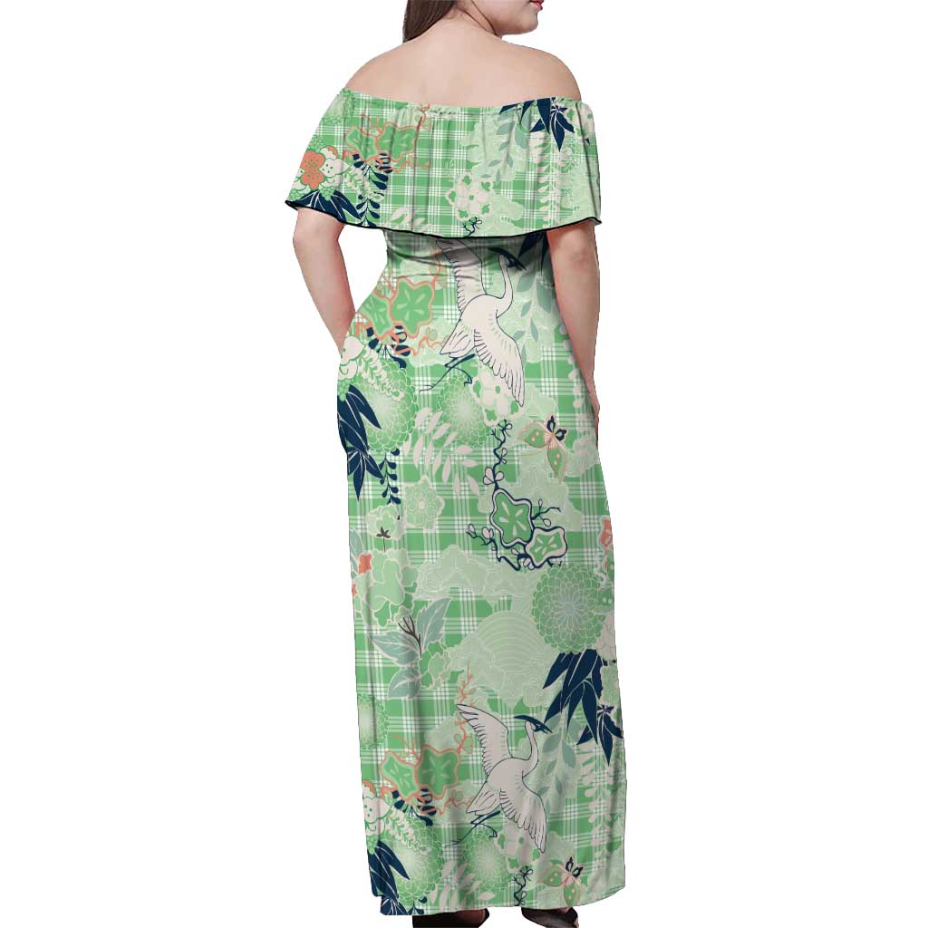 Green Palaka Crane and Flowers Off Shoulder Maxi Dress Japan Heritage Spirit - Polynesian Pride