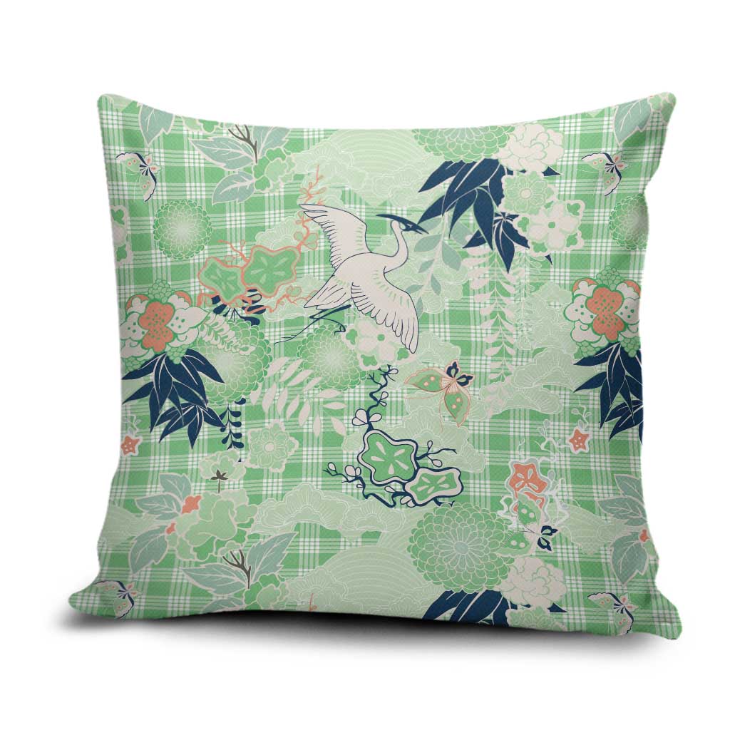 Green Palaka Crane and Flowers Pillow Cover Japan Heritage Spirit - Polynesian Pride