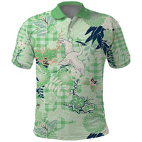 Green Palaka Crane and Flowers Polo Shirt Japan Heritage Spirit - Polynesian Pride