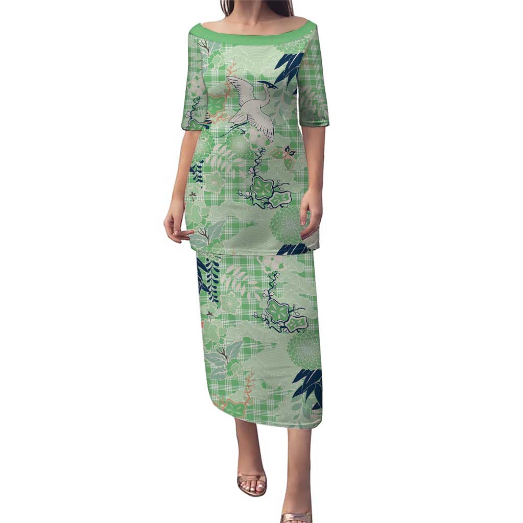 Green Palaka Crane and Flowers Puletasi Japan Heritage Spirit - Polynesian Pride