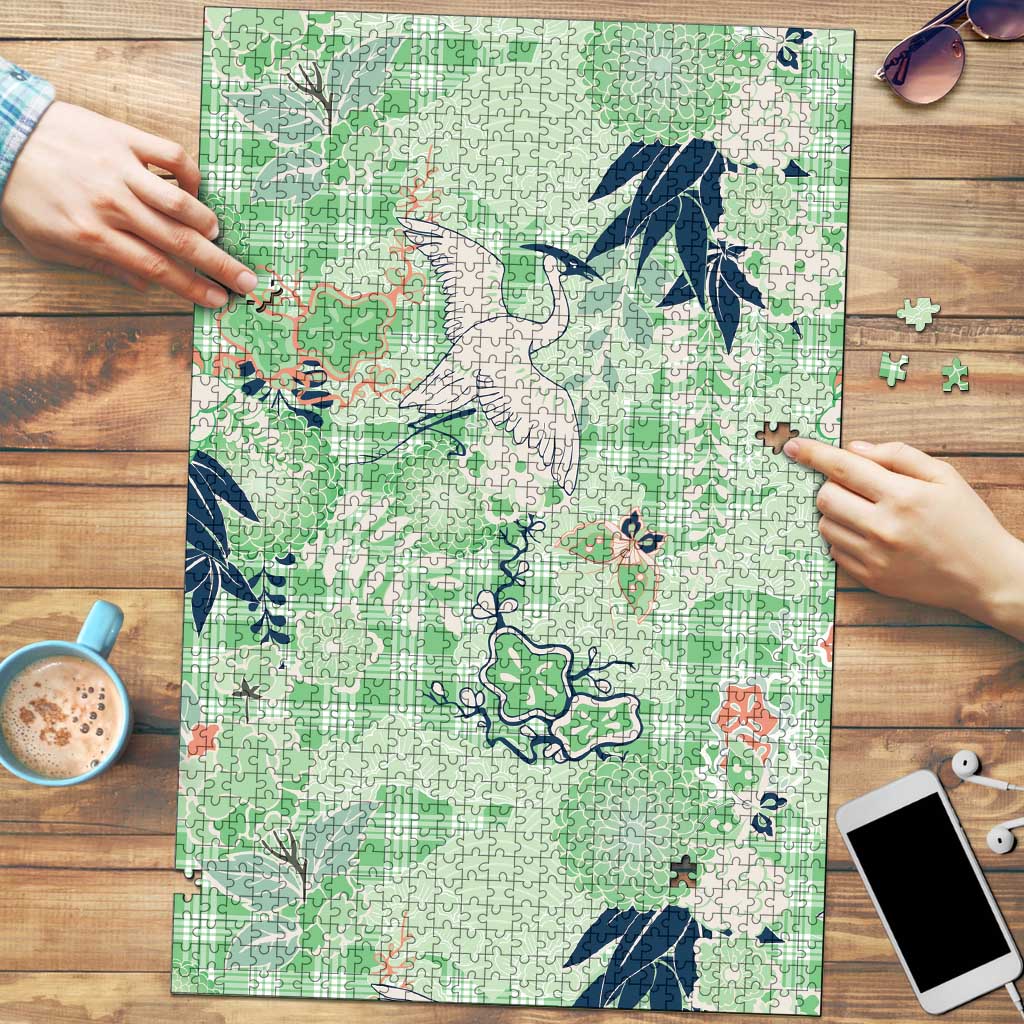 Green Palaka Crane and Flowers Puzzle Japan Heritage Spirit - Polynesian Pride