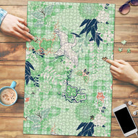 Green Palaka Crane and Flowers Puzzle Japan Heritage Spirit - Polynesian Pride