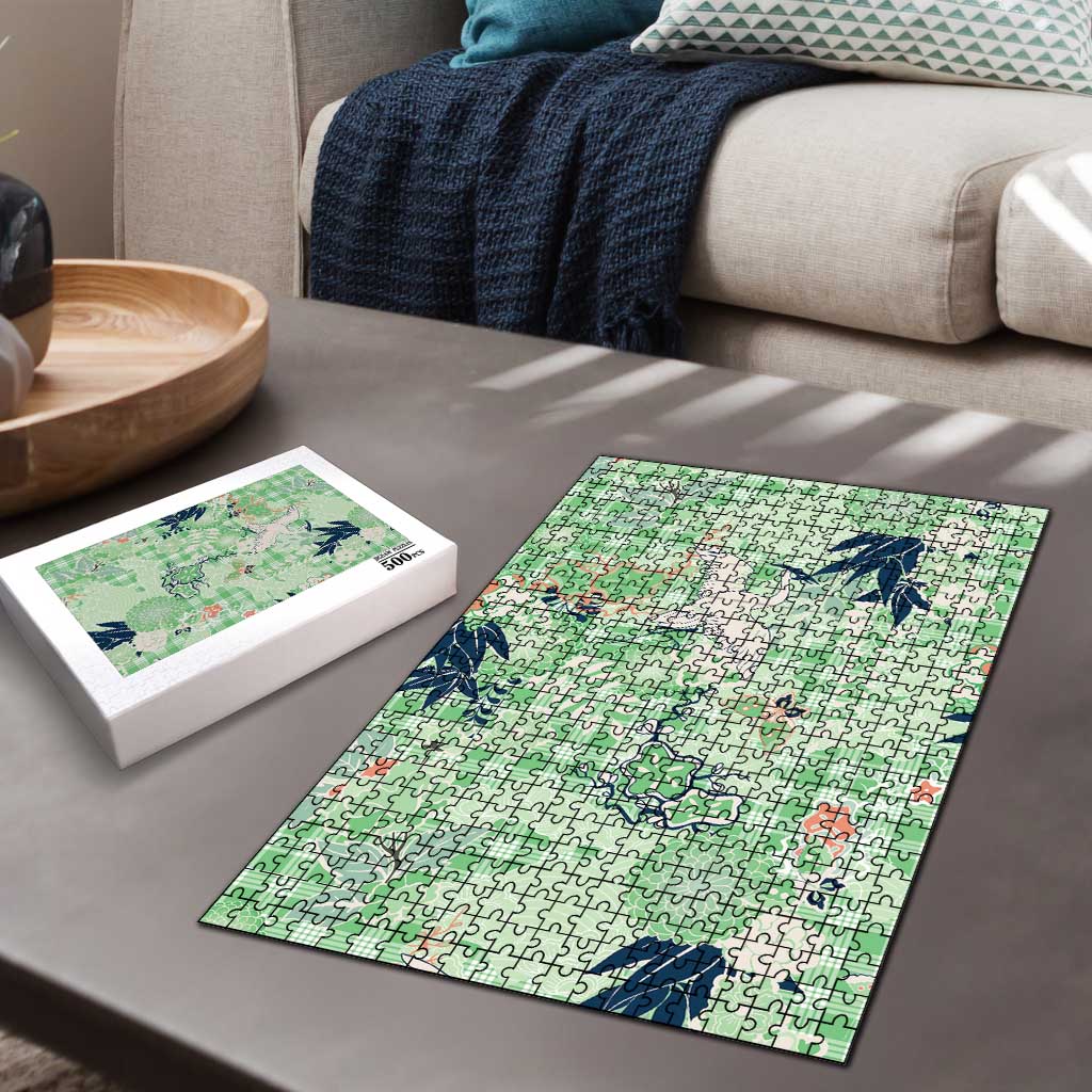 Green Palaka Crane and Flowers Puzzle Japan Heritage Spirit - Polynesian Pride