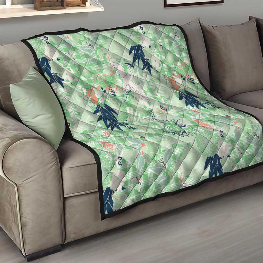 Green Palaka Crane and Flowers Quilt Japan Heritage Spirit - Polynesian Pride