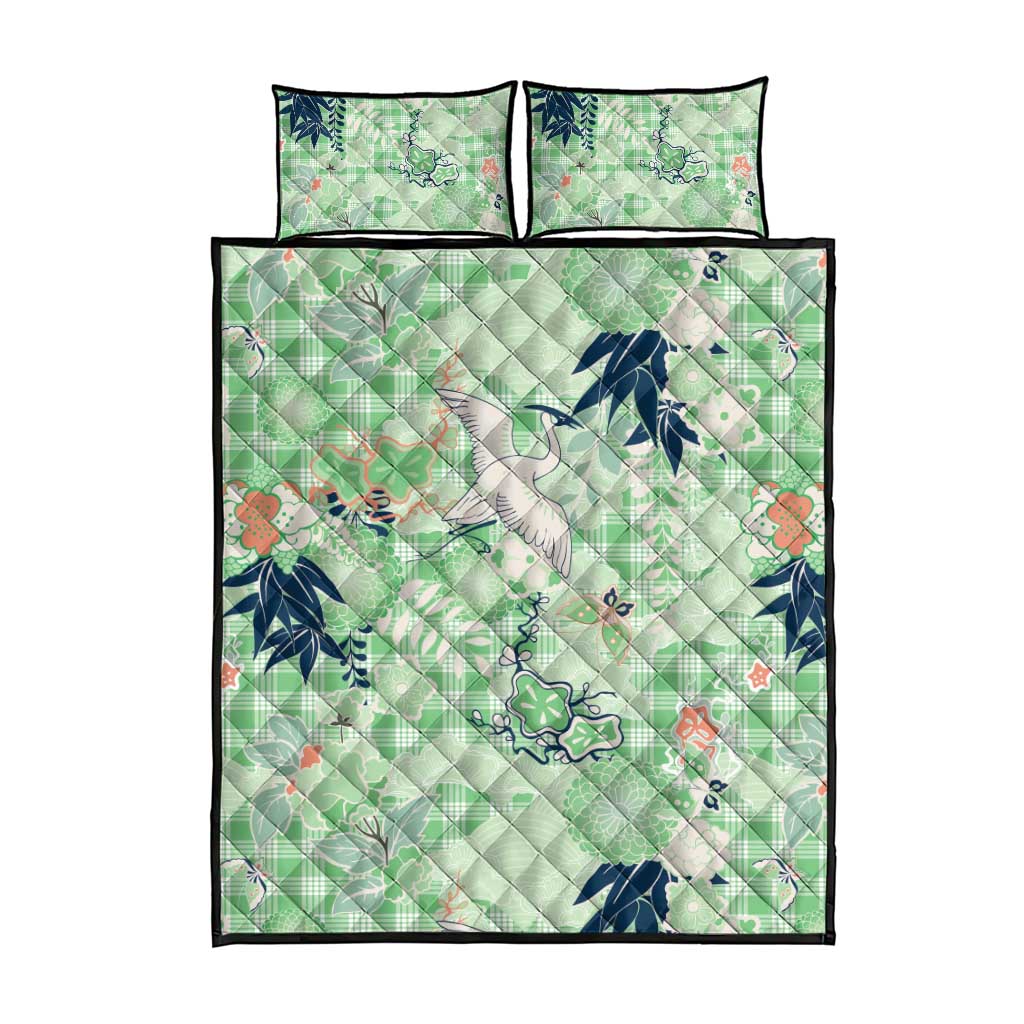 Green Palaka Crane and Flowers Quilt Bed Set Japan Heritage Spirit - Polynesian Pride