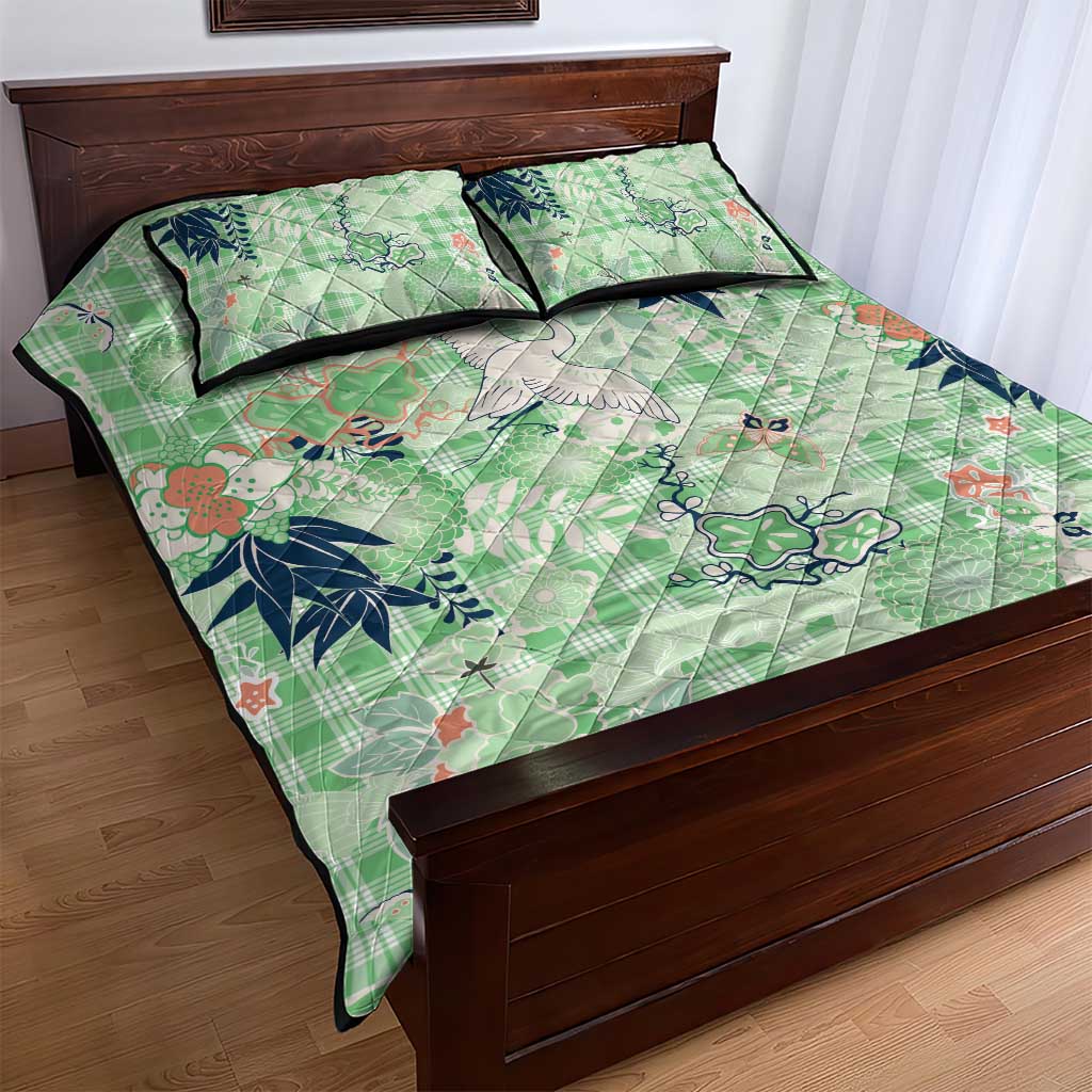 Green Palaka Crane and Flowers Quilt Bed Set Japan Heritage Spirit - Polynesian Pride