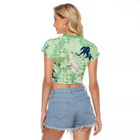 Green Palaka Crane and Flowers Raglan Cropped T Shirt Japan Heritage Spirit - Polynesian Pride