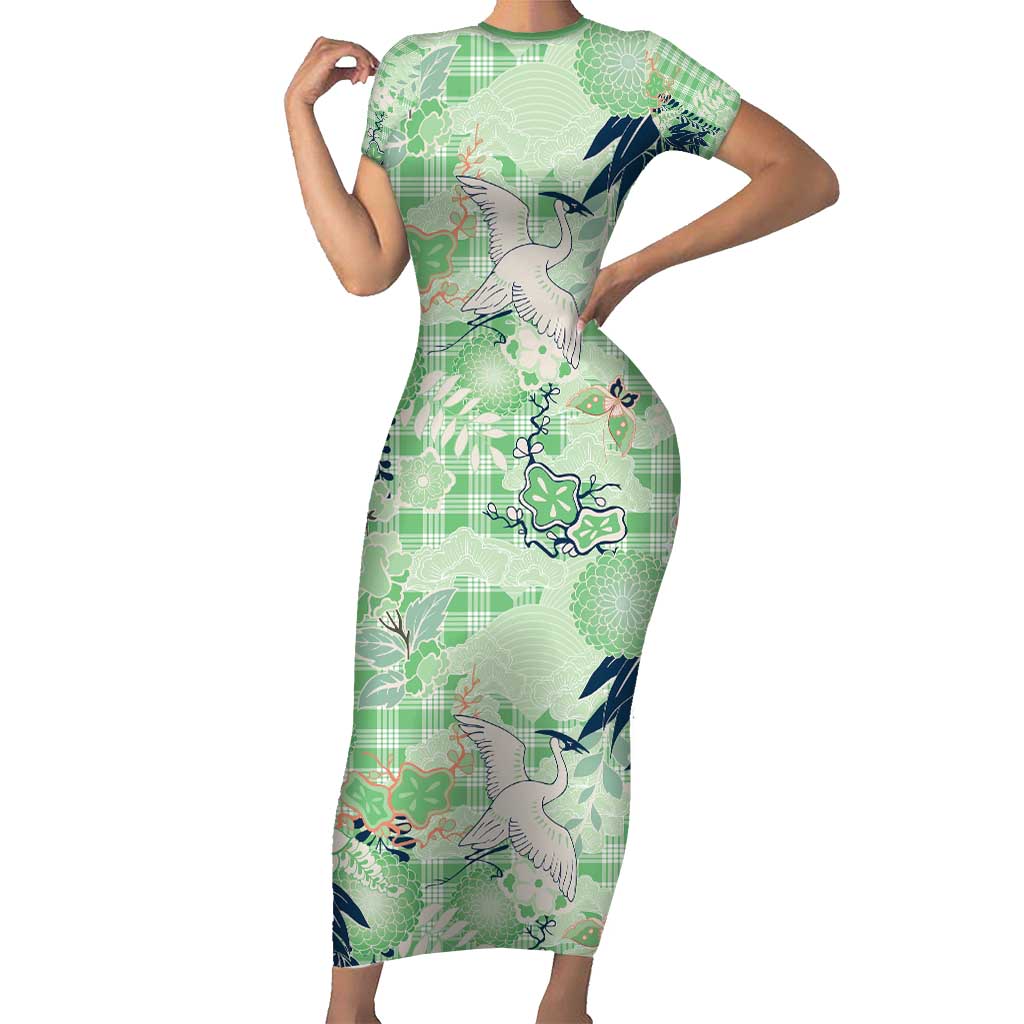 Green Palaka Crane and Flowers Short Sleeve Bodycon Dress Japan Heritage Spirit - Polynesian Pride