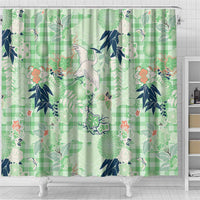 Green Palaka Crane and Flowers Shower Curtain Japan Heritage Spirit - Polynesian Pride