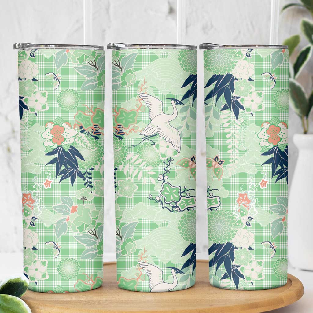 Green Palaka Crane and Flowers Skinny Tumbler Japan Heritage Spirit - Polynesian Pride