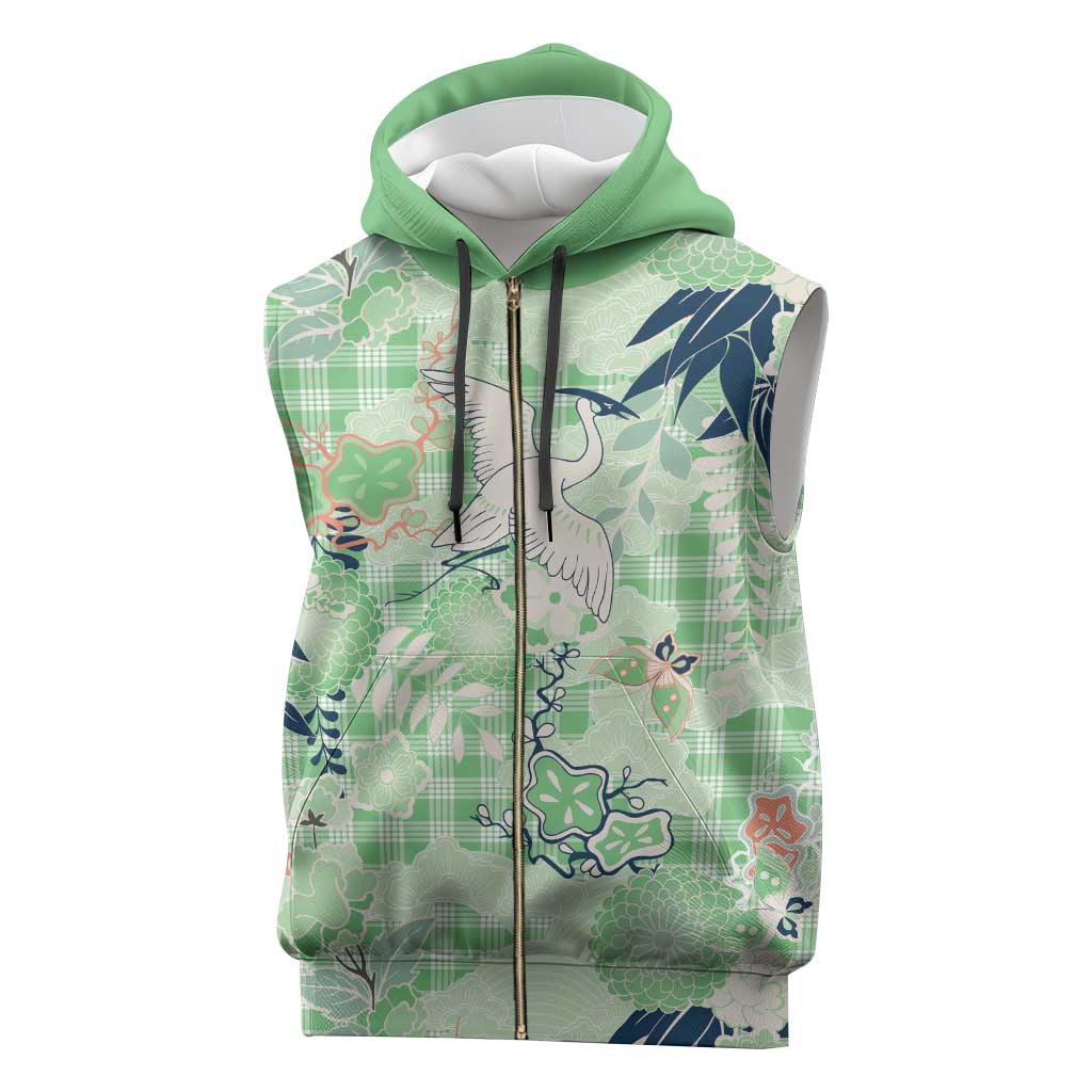 Green Palaka Crane and Flowers Sleeveless Zip Hoodie Japan Heritage Spirit - Polynesian Pride
