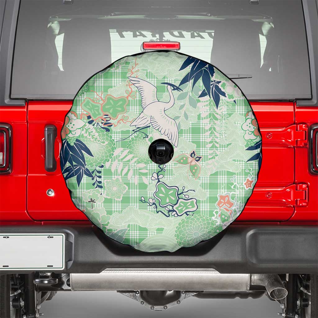 Green Palaka Crane and Flowers Spare Tire Cover Japan Heritage Spirit - Polynesian Pride