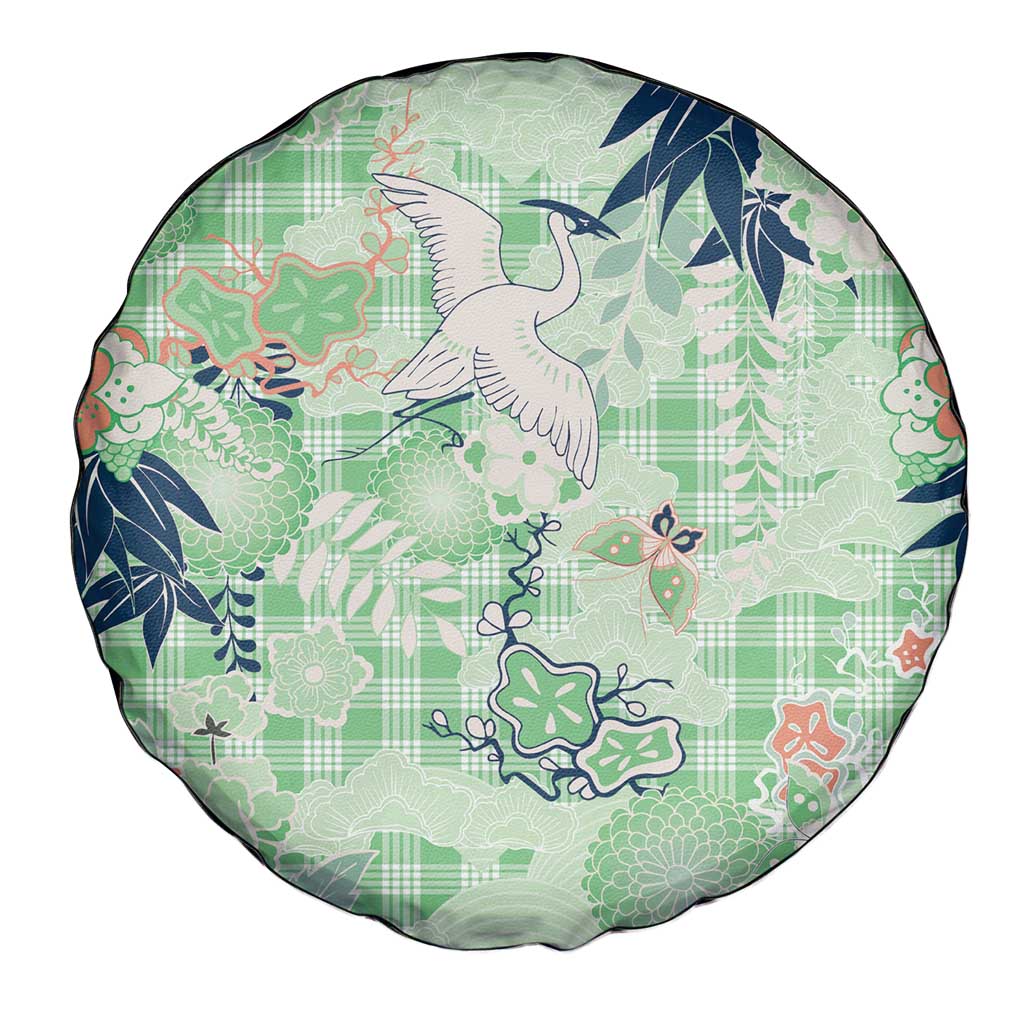 Green Palaka Crane and Flowers Spare Tire Cover Japan Heritage Spirit - Polynesian Pride