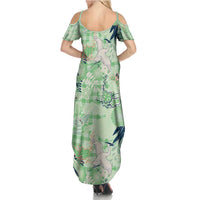 Green Palaka Crane and Flowers Summer Maxi Dress Japan Heritage Spirit - Polynesian Pride