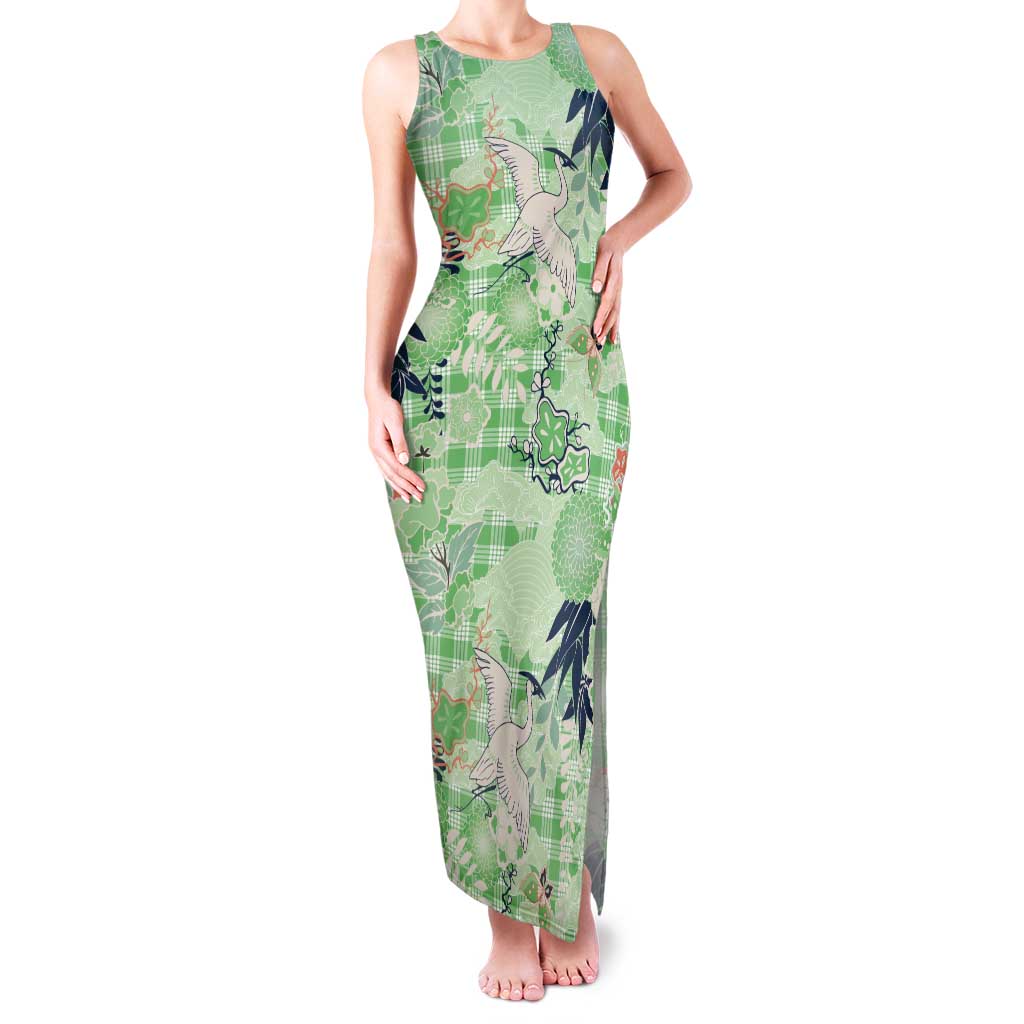 Green Palaka Crane and Flowers Tank Maxi Dress Japan Heritage Spirit - Polynesian Pride