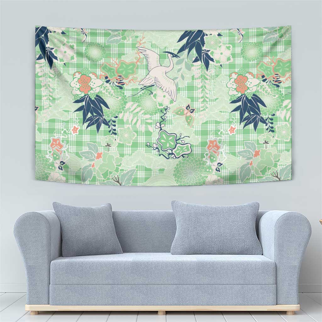 Green Palaka Crane and Flowers Tapestry Japan Heritage Spirit - Polynesian Pride
