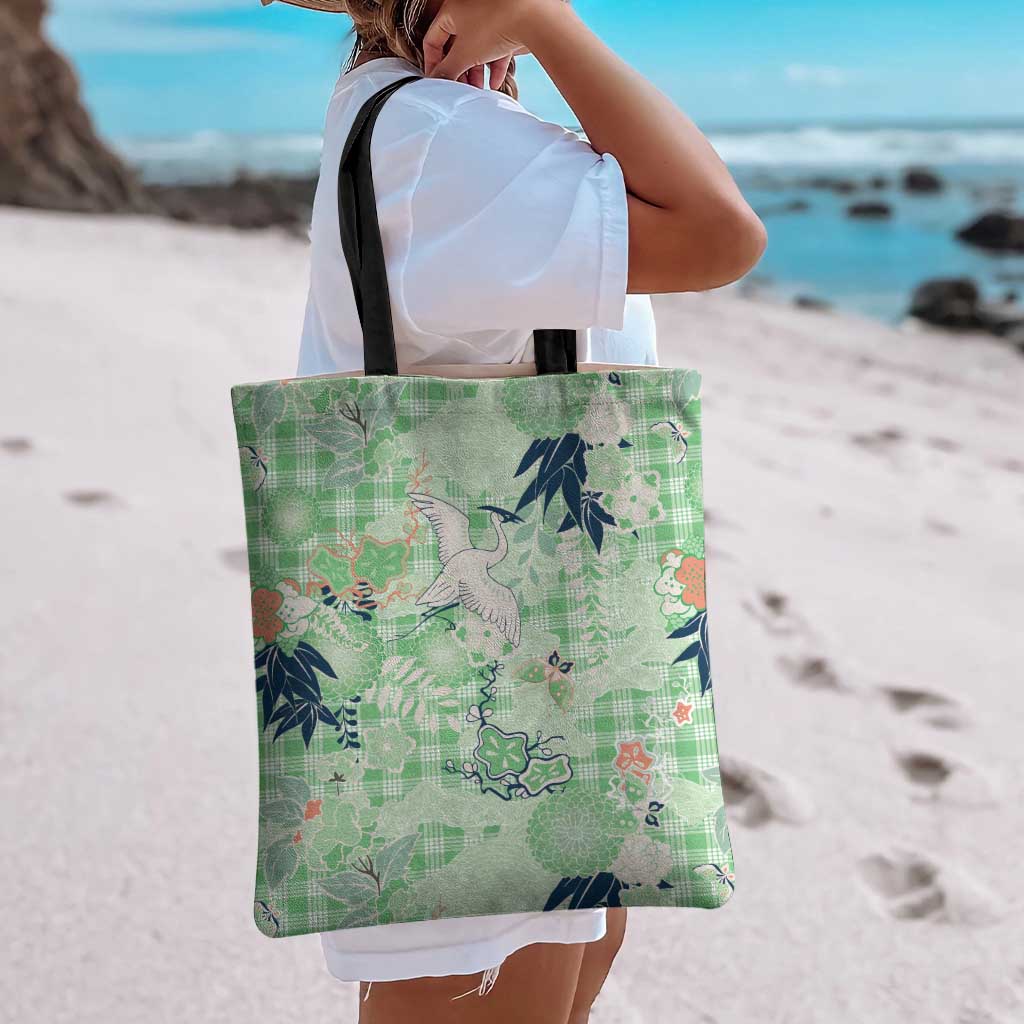 Green Palaka Crane and Flowers Tote Bag Japan Heritage Spirit - Polynesian Pride