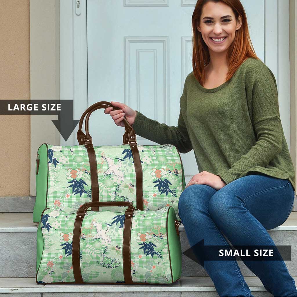 Green Palaka Crane and Flowers Travel Bag Japan Heritage Spirit - Polynesian Pride