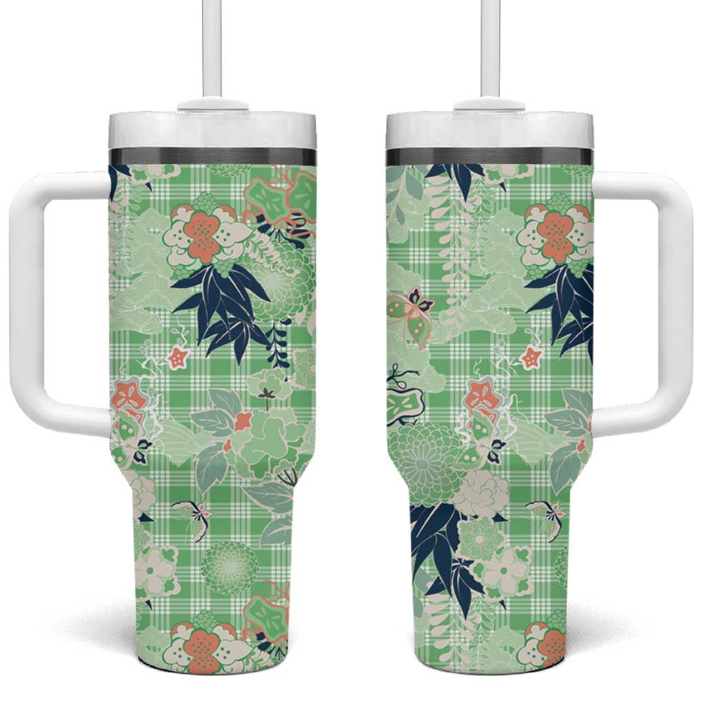 Green Palaka Crane and Flowers Tumbler With Handle Japan Heritage Spirit - Polynesian Pride