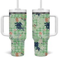 Green Palaka Crane and Flowers Tumbler With Handle Japan Heritage Spirit - Polynesian Pride