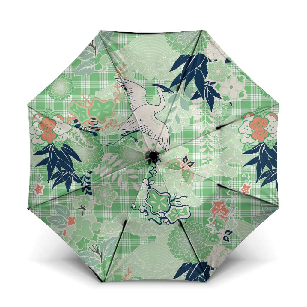 Green Palaka Crane and Flowers Umbrella Japan Heritage Spirit - Polynesian Pride