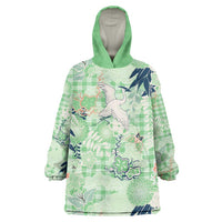 Green Palaka Crane and Flowers Wearable Blanket Hoodie Japan Heritage Spirit - Polynesian Pride