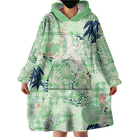 Green Palaka Crane and Flowers Wearable Blanket Hoodie Japan Heritage Spirit - Polynesian Pride