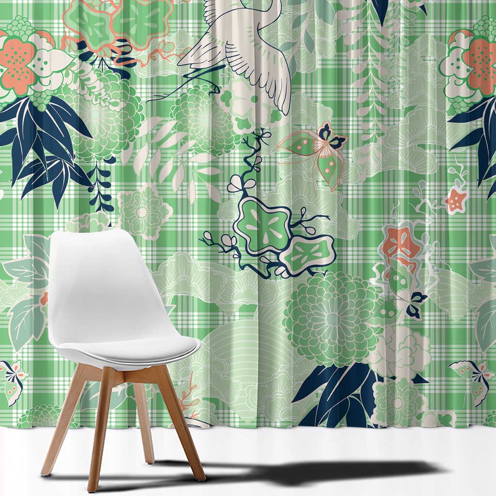 Green Palaka Crane and Flowers Window Curtain Japan Heritage Spirit - Polynesian Pride