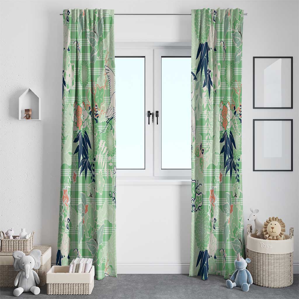 Green Palaka Crane and Flowers Window Curtain Japan Heritage Spirit - Polynesian Pride