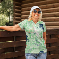 Green Palaka Crane and Flowers Women Polo Shirt Japan Heritage Spirit - Polynesian Pride