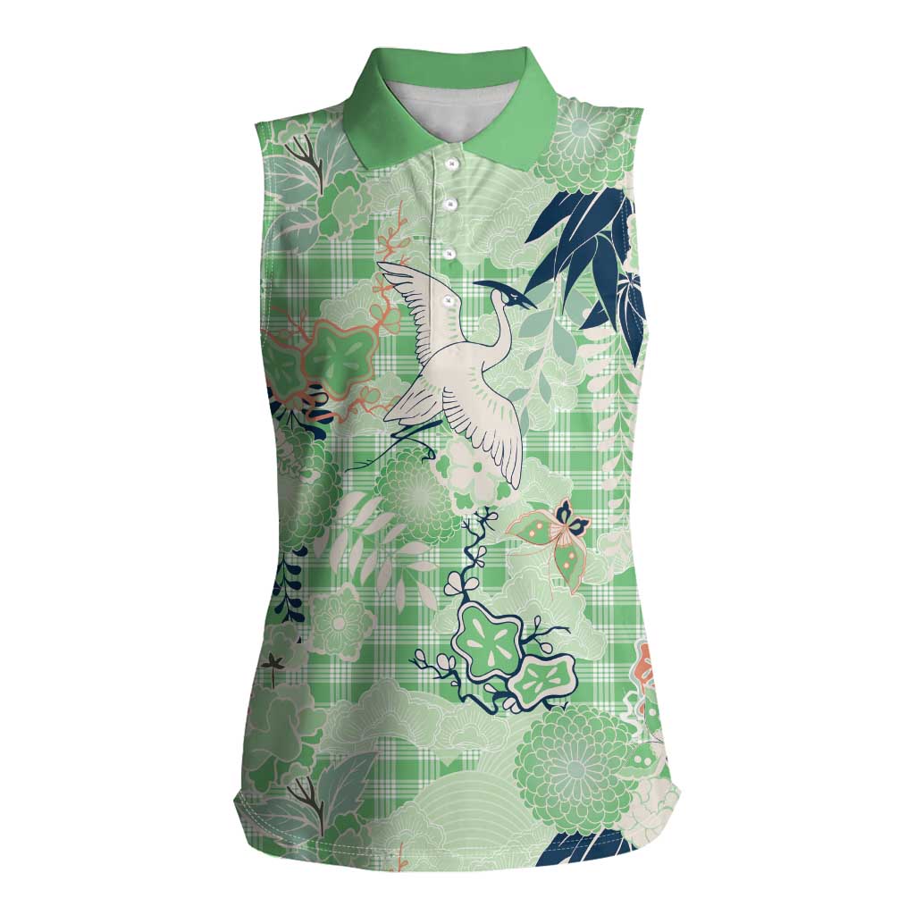 Green Palaka Crane and Flowers Women Sleeveless Polo Shirt Japan Heritage Spirit - Polynesian Pride