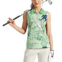 Green Palaka Crane and Flowers Women Sleeveless Polo Shirt Japan Heritage Spirit - Polynesian Pride