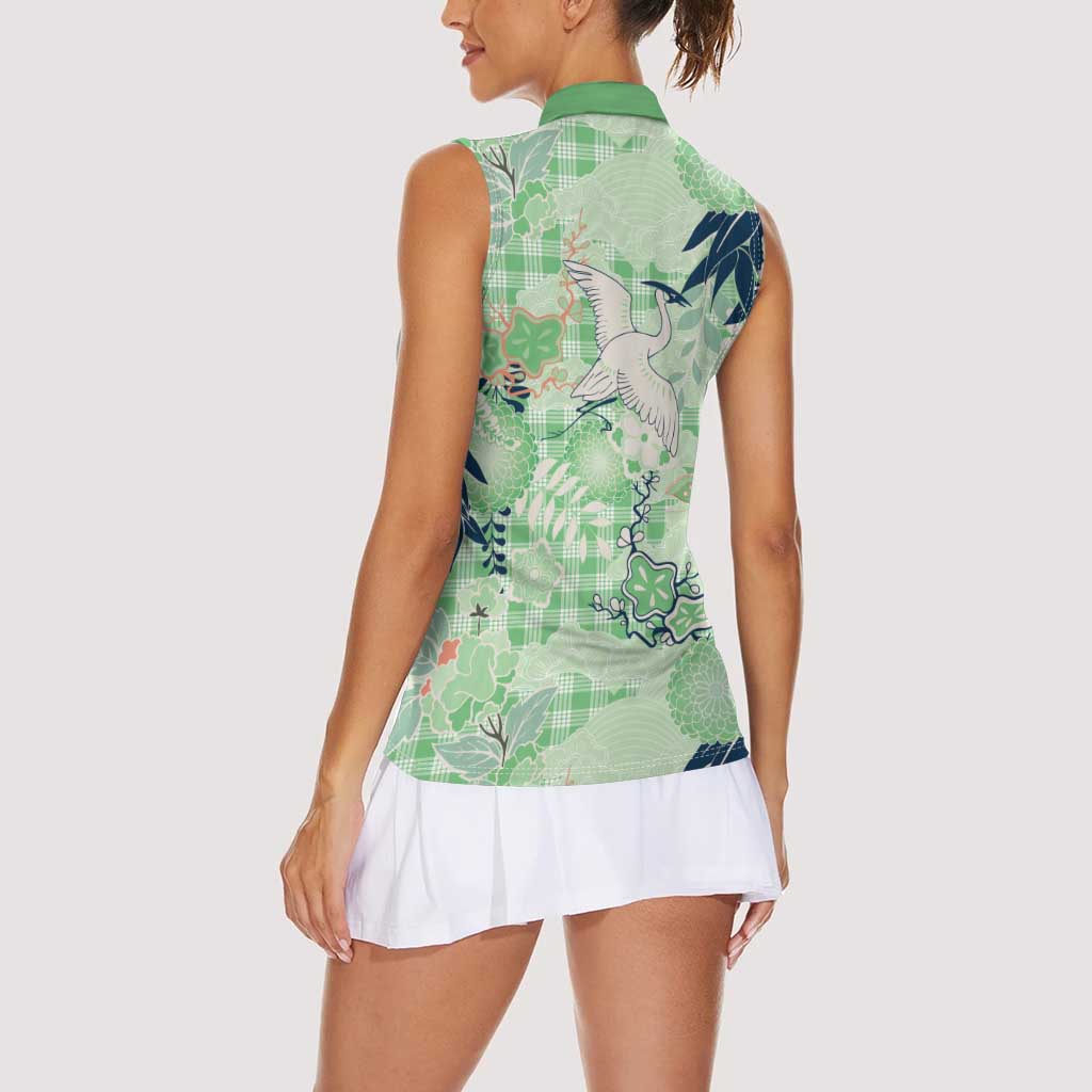Green Palaka Crane and Flowers Women Sleeveless Polo Shirt Japan Heritage Spirit - Polynesian Pride