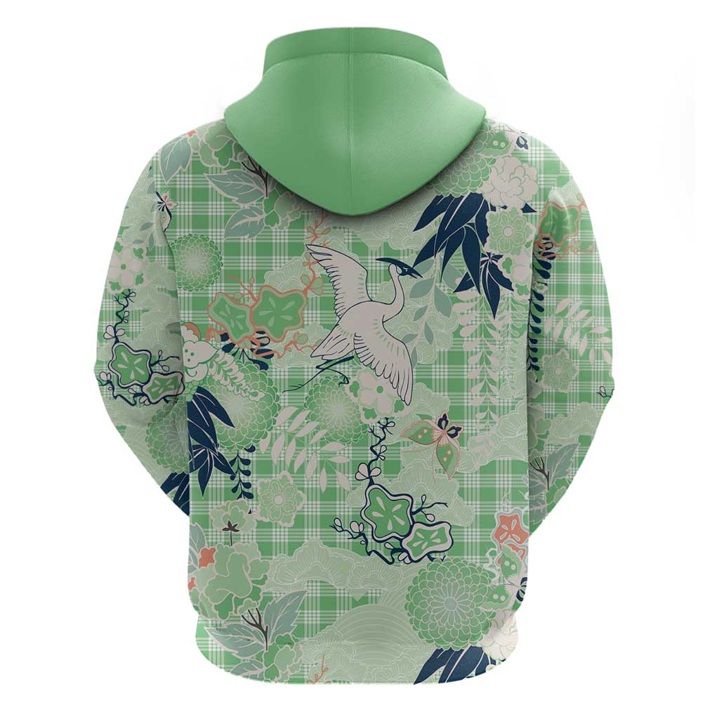 Green Palaka Crane and Flowers Zip Hoodie Japan Heritage Spirit - Polynesian Pride