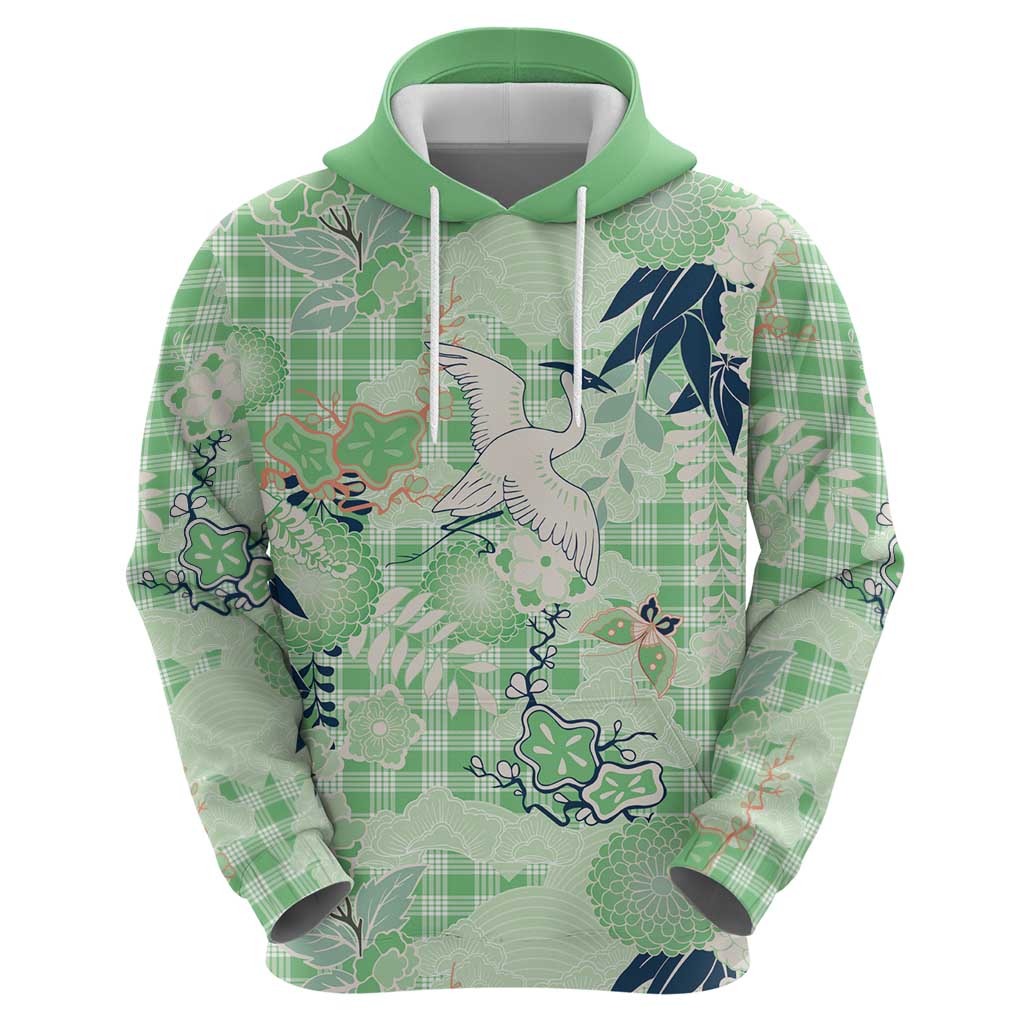 Green Palaka Crane and Flowers Zip Hoodie Japan Heritage Spirit - Polynesian Pride