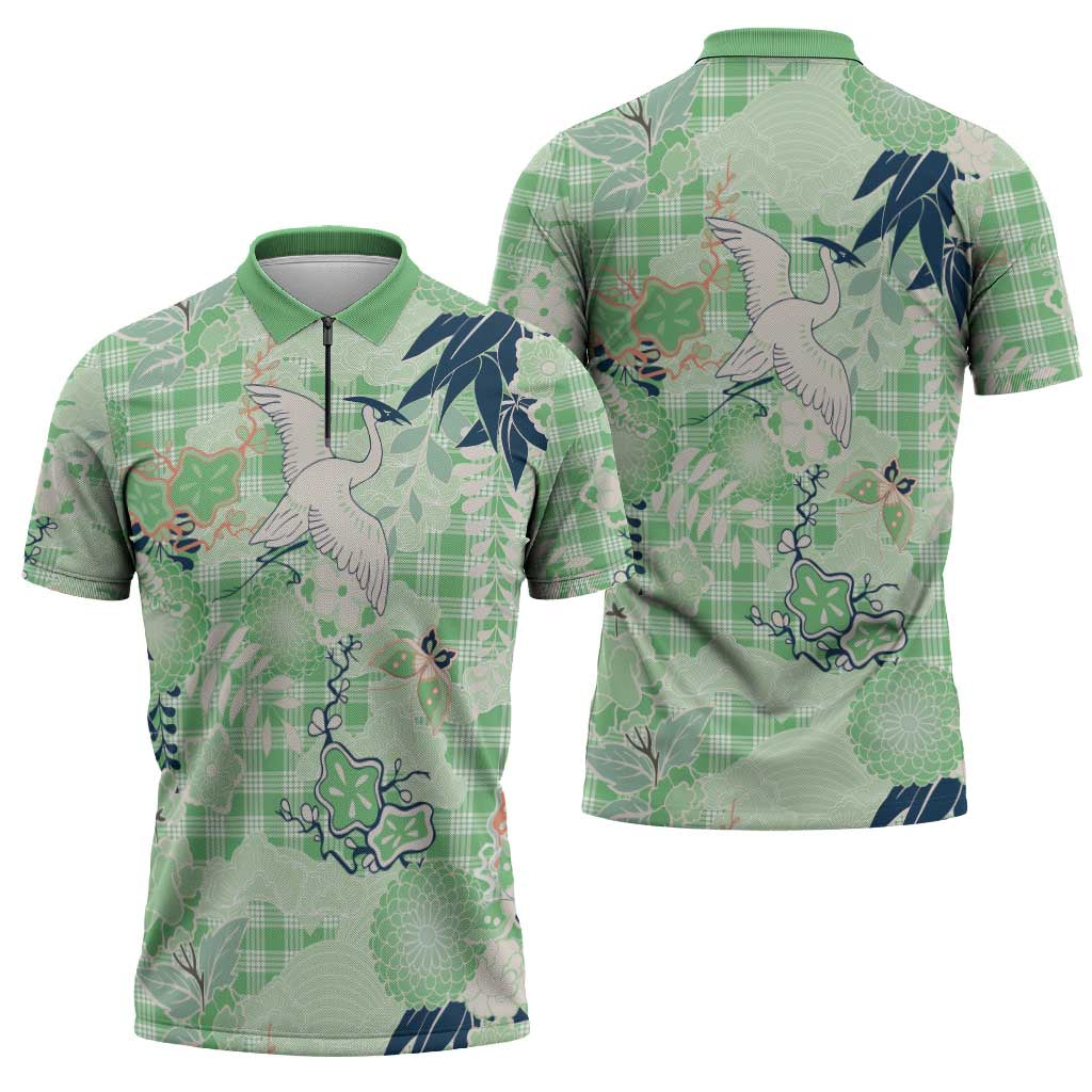 Green Palaka Crane and Flowers Zipper Polo Shirt Japan Heritage Spirit - Polynesian Pride