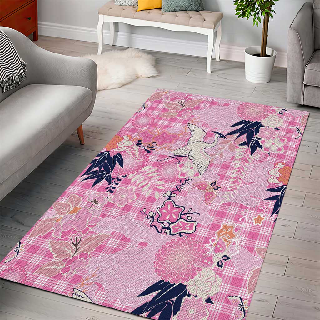 Pink Palaka Crane and Flowers Area Rug Japan Heritage Spirit - Polynesian Pride