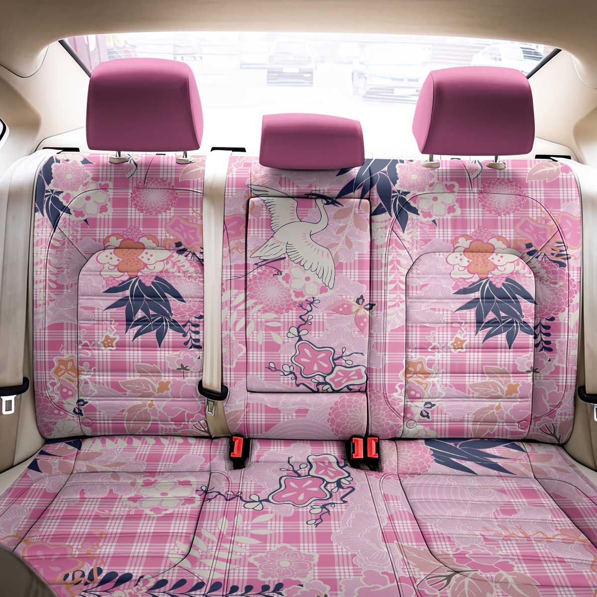 Pink Palaka Crane and Flowers Back Car Seat Cover Japan Heritage Spirit - Polynesian Pride