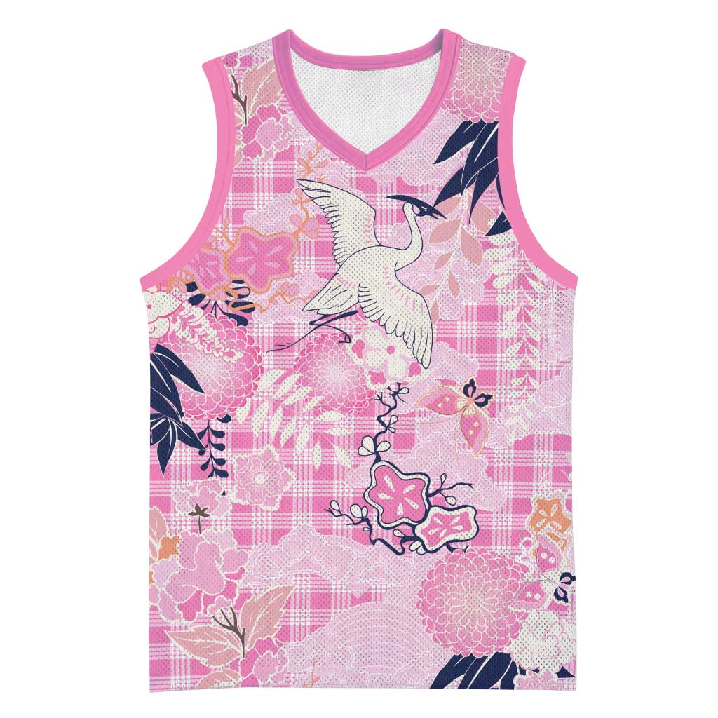 Pink Palaka Crane and Flowers Basketball Jersey Japan Heritage Spirit LT9 Unisex Pink - Polynesian Pride