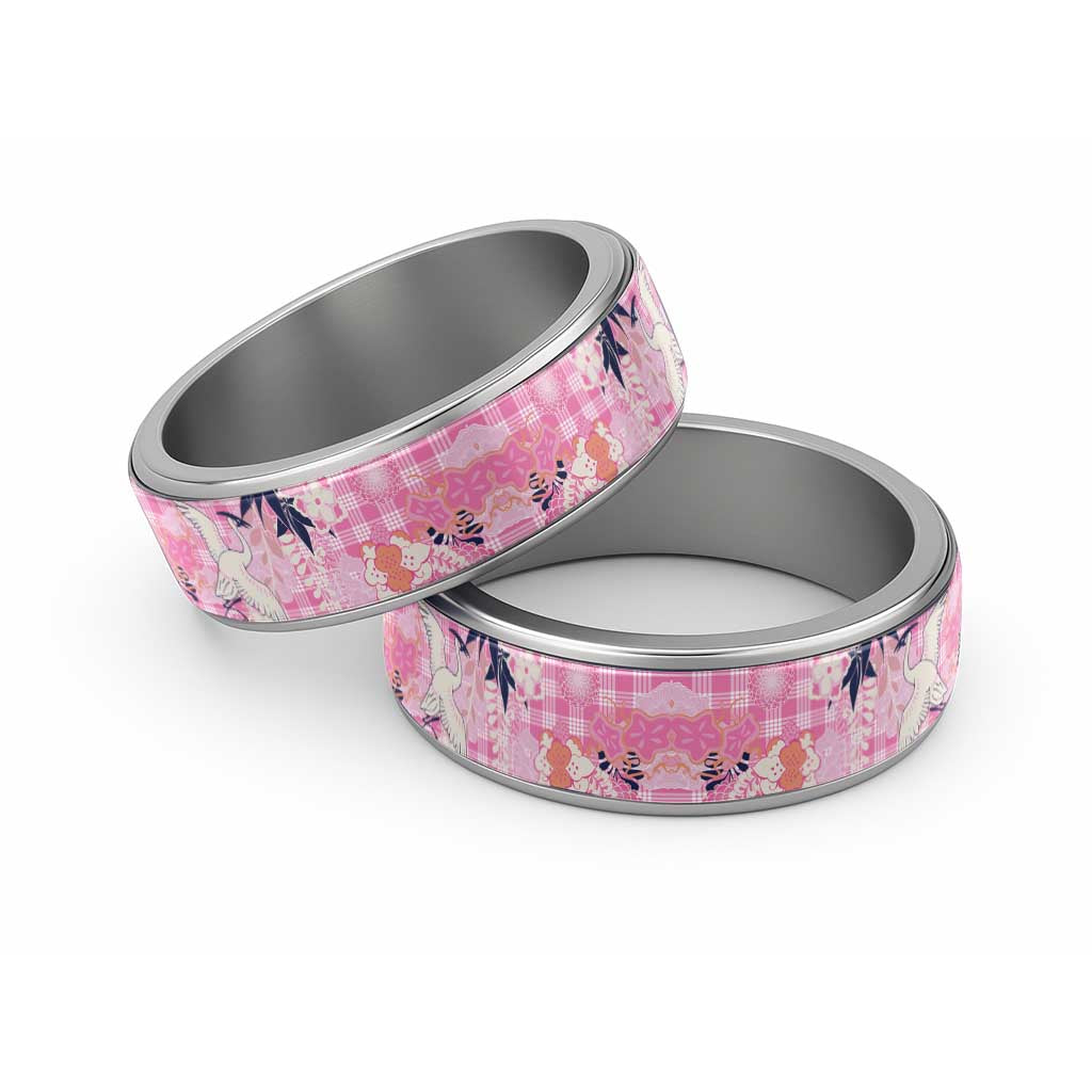 Pink Palaka Crane and Flowers Classic Ring Japan Heritage Spirit - Polynesian Pride