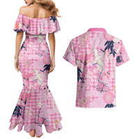 Pink Palaka Crane and Flowers Couples Matching Mermaid Dress and Hawaiian Shirt Japan Heritage Spirit - Polynesian Pride